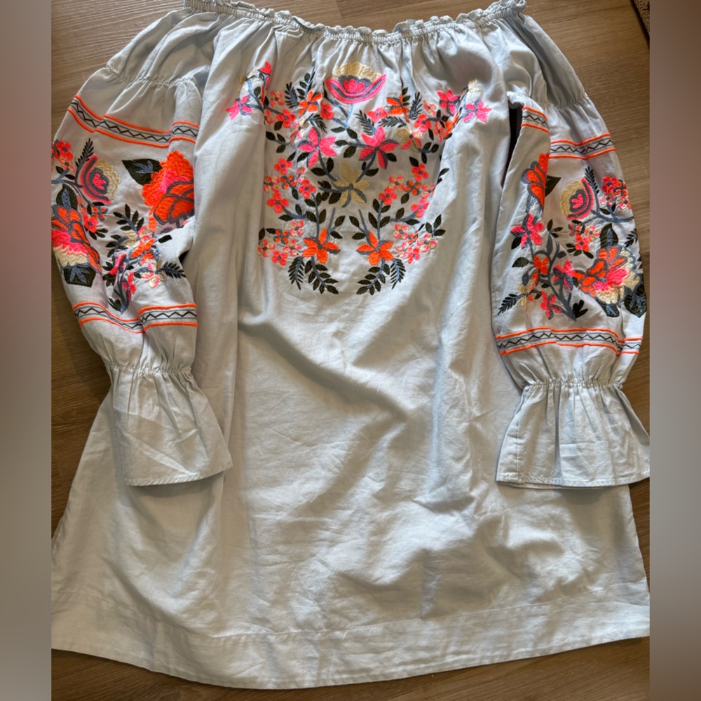 Free People Off-Shoulder Embroidered Mini Dress - Gray and Pink